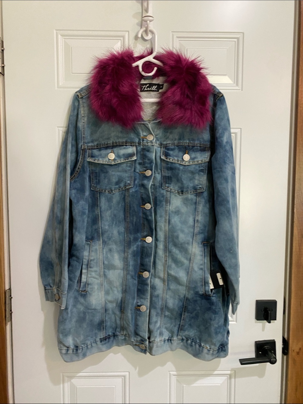 Thrill Blue Washed Denim Jacket with Fuchsia Faux Fur Collar